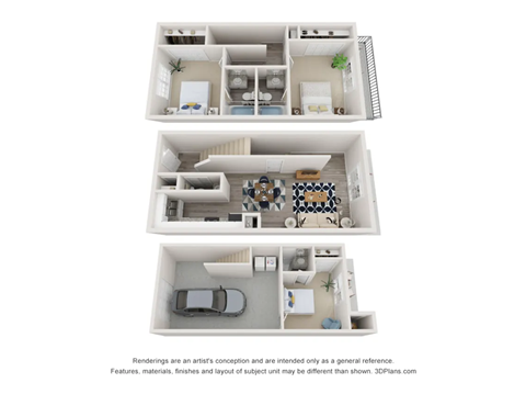 A 3D floor plan of a house with a kitchen, living room, and bedrooms.